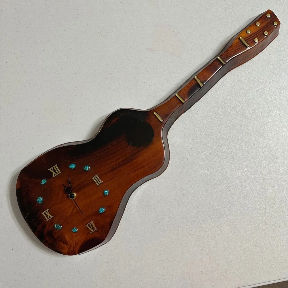 Handcrafted Guitar Turquoise Inlay Wood Wall Clock Western Rustic Decor Vintage